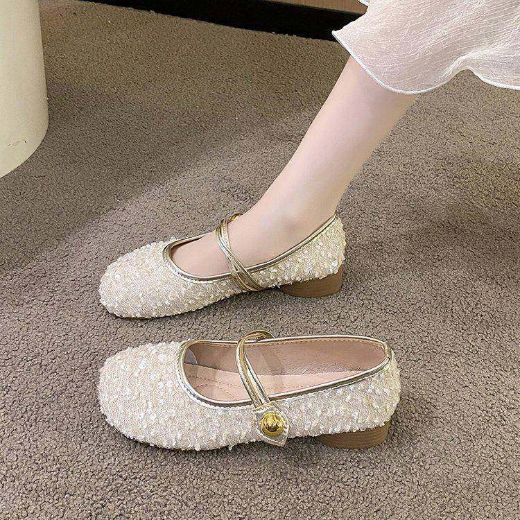 春秋2026新款法式方头亮片玛丽珍鞋女浅口豆豆单鞋平底0125z,女鞋,勃肯鞋/软木鞋,淘宝优惠券,粉丝福利购,淘宝优惠卷