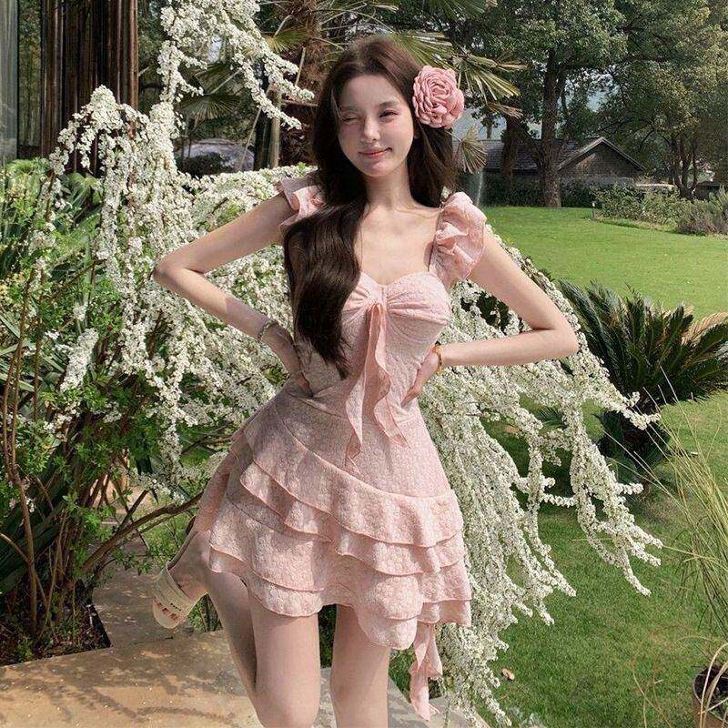温泉泳衣2026新款甜美樱花粉少女纯欲连体小飞袖显瘦遮肚度1016k