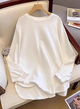 白色中长款长袖T恤卫衣内搭叠穿秋冬遮屁股搭配鲨鱼裤的上衣0115k