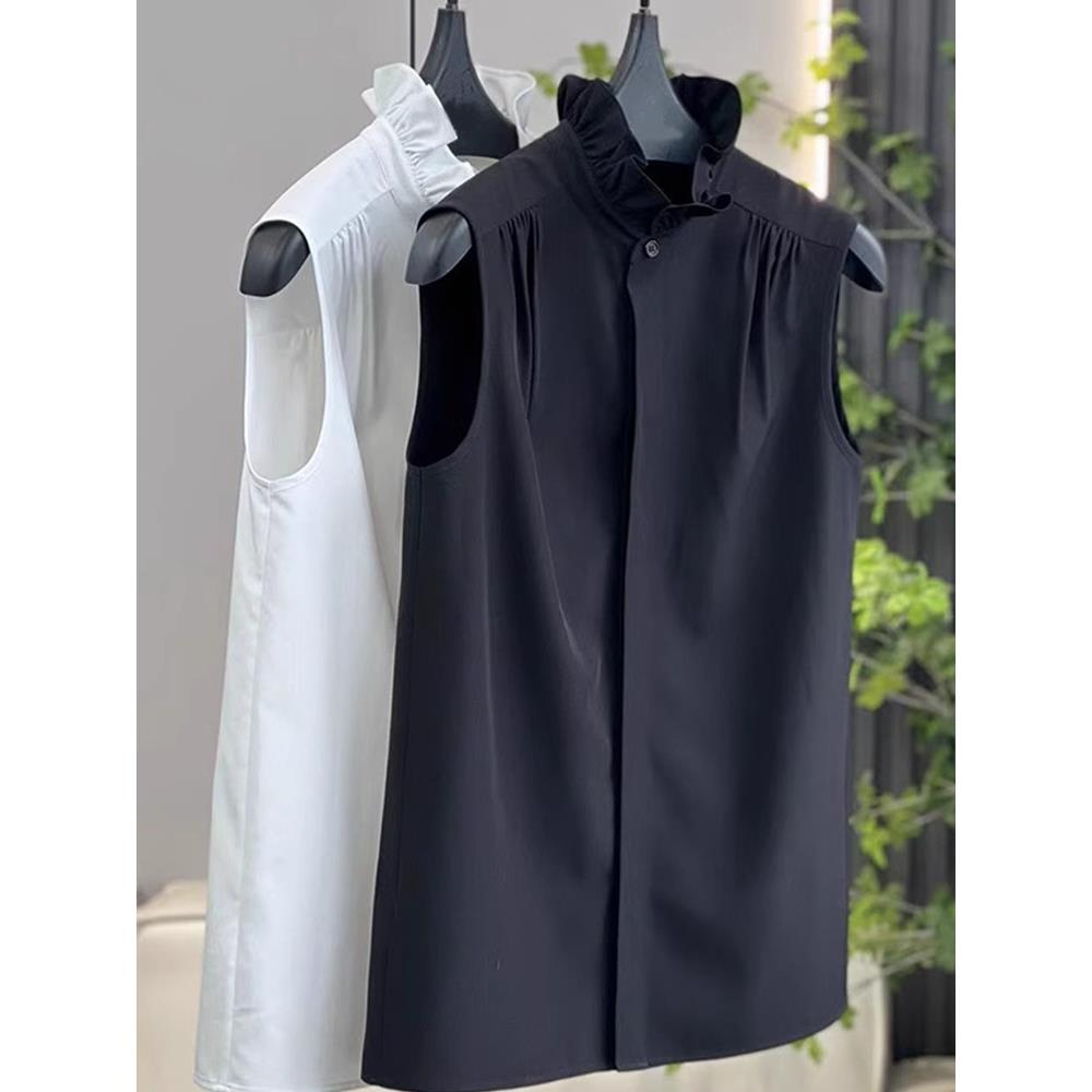 木耳边无袖背心女冬立领花边领无袖衬衫打底衫假领子叠穿内1127w