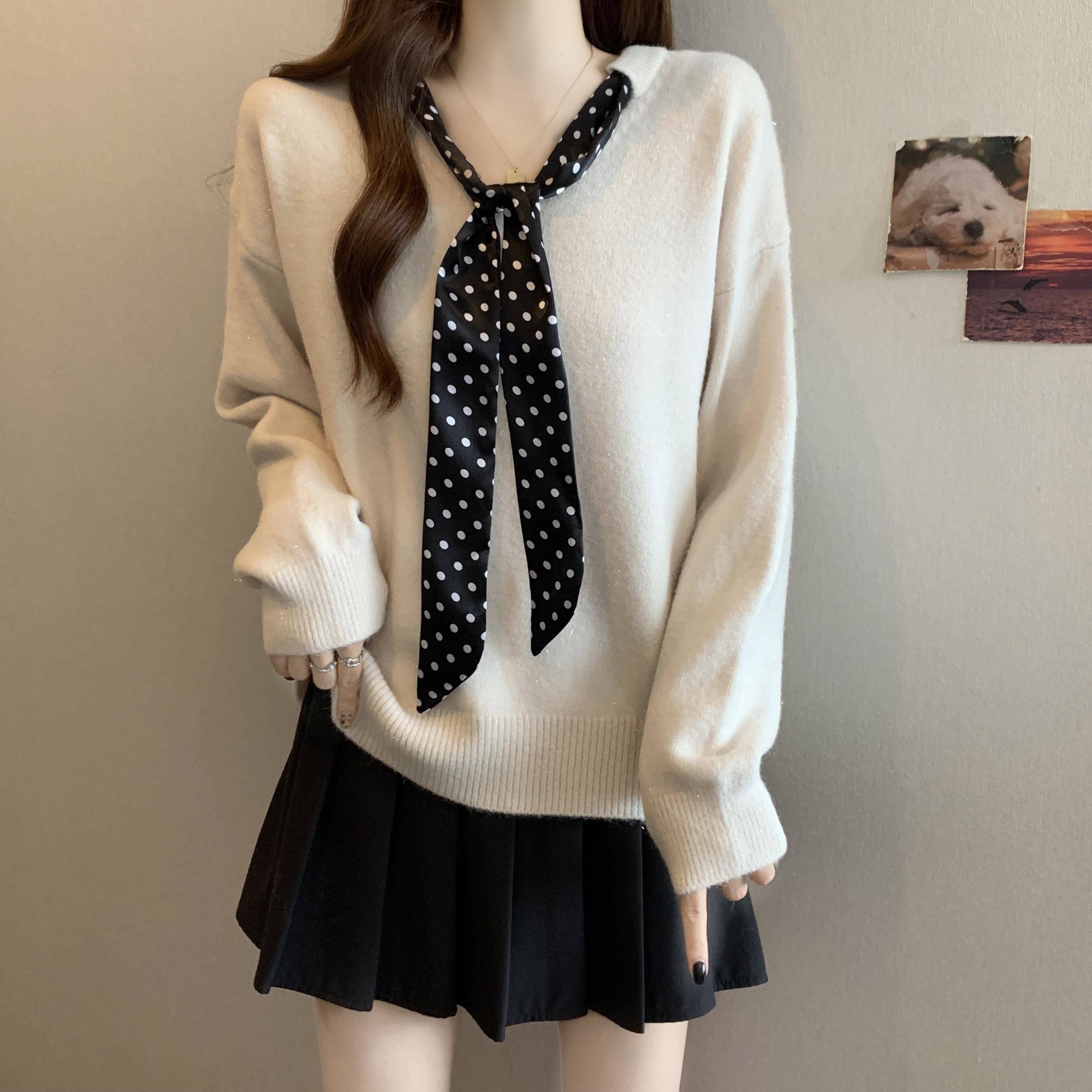 秋冬显瘦洋气针织衫女装毛衣上衣大码遮肚子新款胖mm蝴蝶结0928c