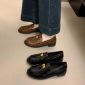 金属扣覆古乐福鞋 粗跟一脚蹬0128r 软底英伦风小皮鞋 女春秋季 新款