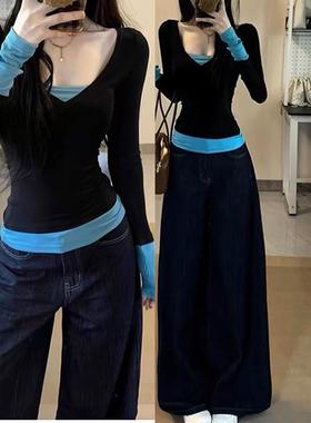 大码女装胖mm蓝色拼接假两件长袖t恤女早春季v领修身时尚上1229w
