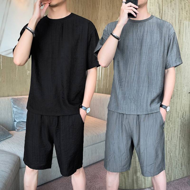 休闲套装男夏装新款薄款冰丝士短袖短裤衣服搭配帅气0516h