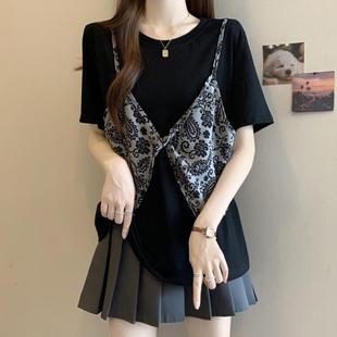 微胖mm遮肉宽松拼接0622z 大码 韩版 蝴蝶结假两件正肩短袖 t恤女夏季