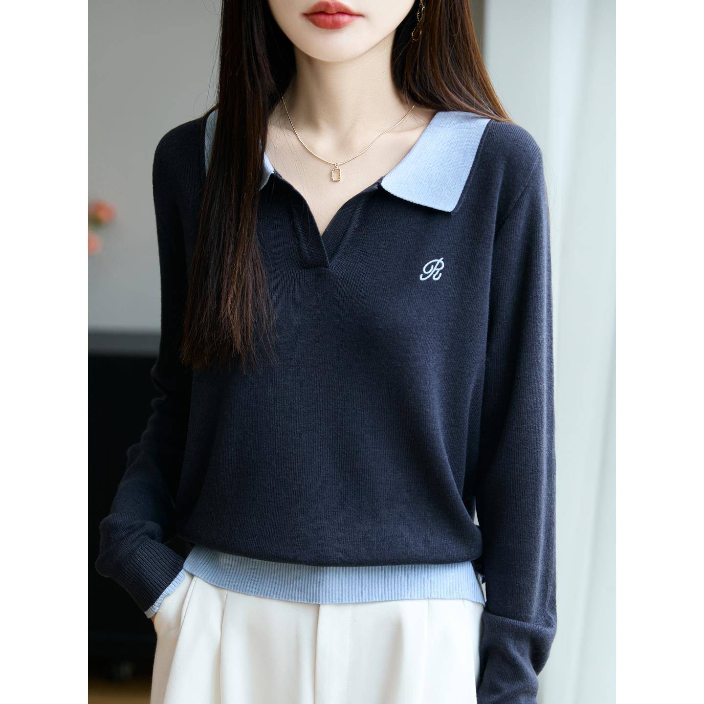 秋冬撞色翻领初新款外穿针织T恤衫女时尚精美刺绣半开领宽松1126z