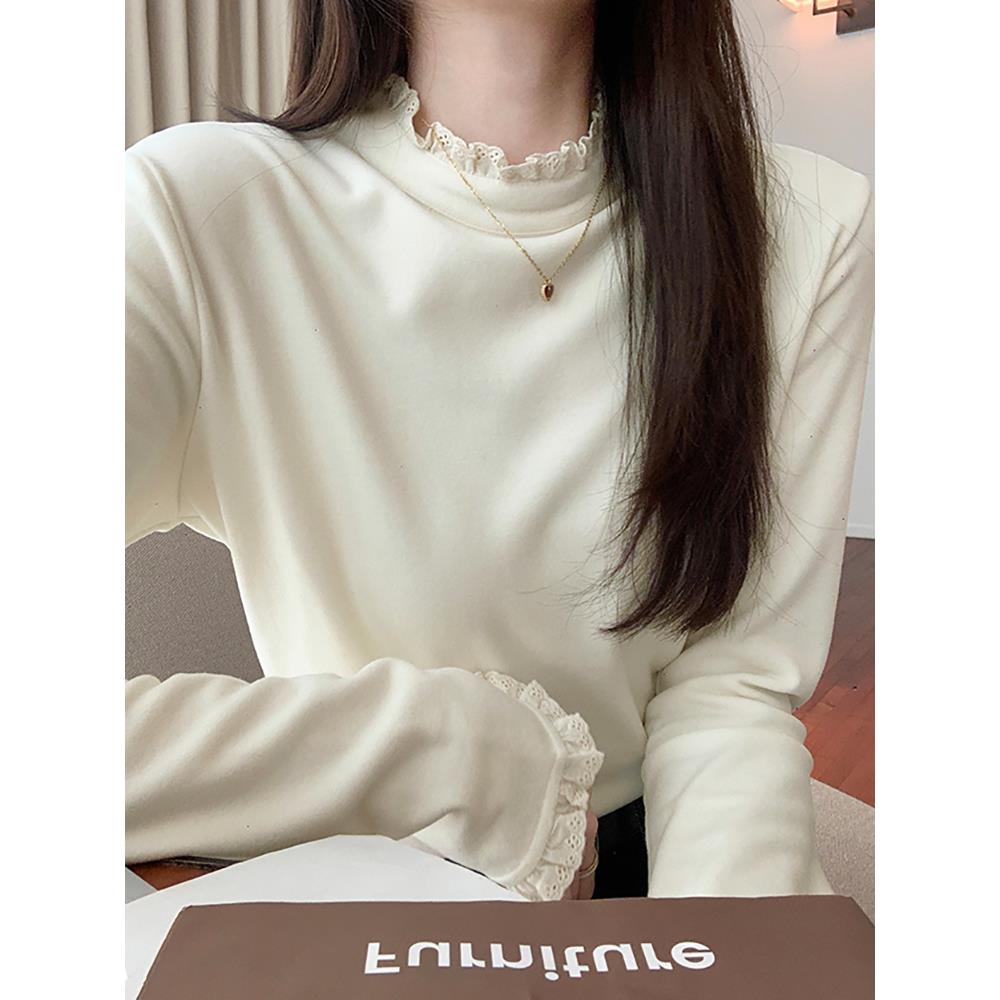 秋冬杏色蕾丝边打底衫女双面绒内搭上衣法式半高领加厚T恤1212z
