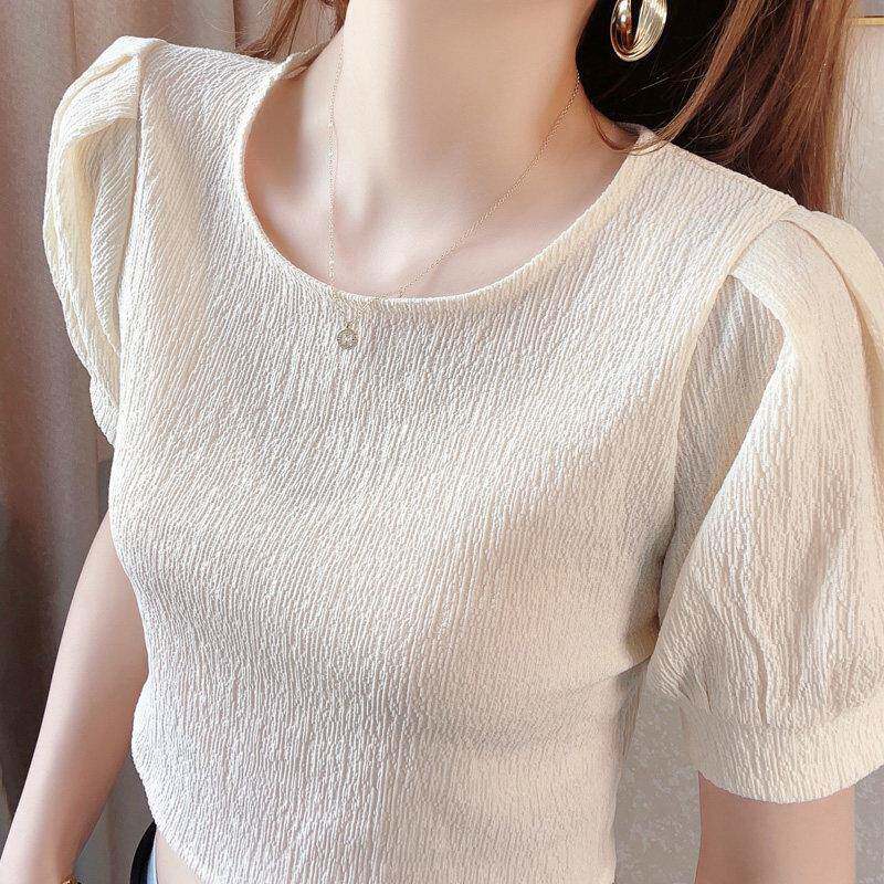 春夏法国泡芙袖上衣为妇女季新褶皱短绸短袖妇女吊带裙与t恤0301z