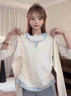 大码胖mm木耳边假两件长袖T恤女打底衫2026新款今年流行上衣0110w