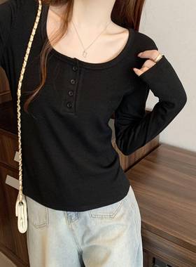 黑色正肩长袖T恤女2026早春新款大码胖mm巨显瘦上衣打底内搭0110w