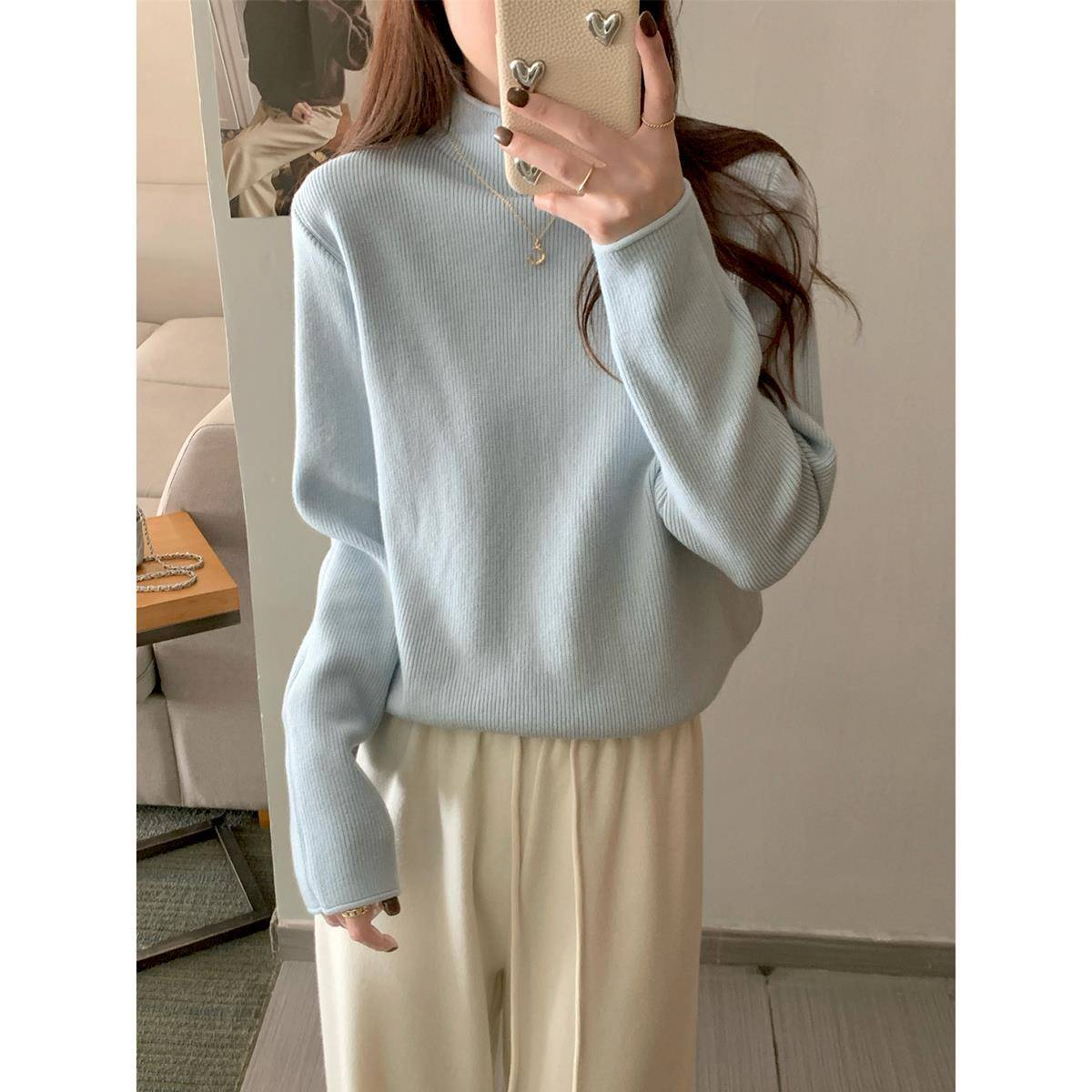 秋冬绝美奶蓝色针织上衣半高领坑条内搭打底衫女韩版百搭毛1212z