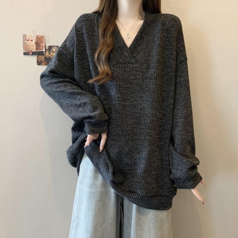 冬季感慵懒风V领针织衫女2025微胖MM大码松弛感宽松毛衣卫衣1019c