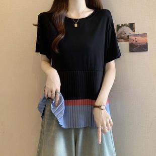 大码 T恤女微胖mm宽松正肩0623z 夏季 遮肚子拼接假两件圆领压褶短袖