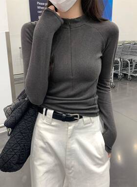 大码胖mm灰色半高领拉炼长袖T恤女2026春季感鱼骨打底衫上衣0110w