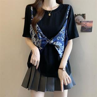 大码 t恤女设计感洋气宽松正肩0622z 夏季 微胖mm圆领假两件拼接短袖