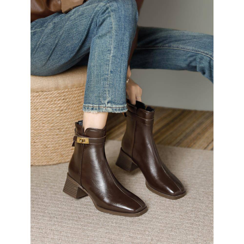 棕色美拉德厚跟方头中跟高跟5厘米短靴女英伦马丁秋冬单筒靴1118z