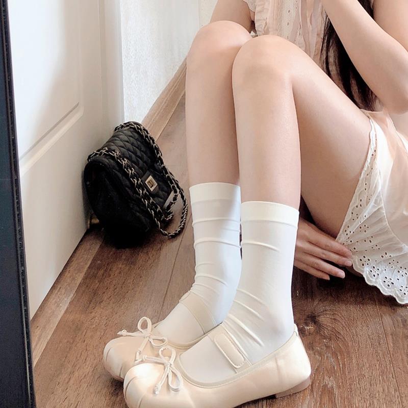 秋冬奶白色短袜子女甜美lolita白色小腿袜薄款中筒堆堆袜1013z