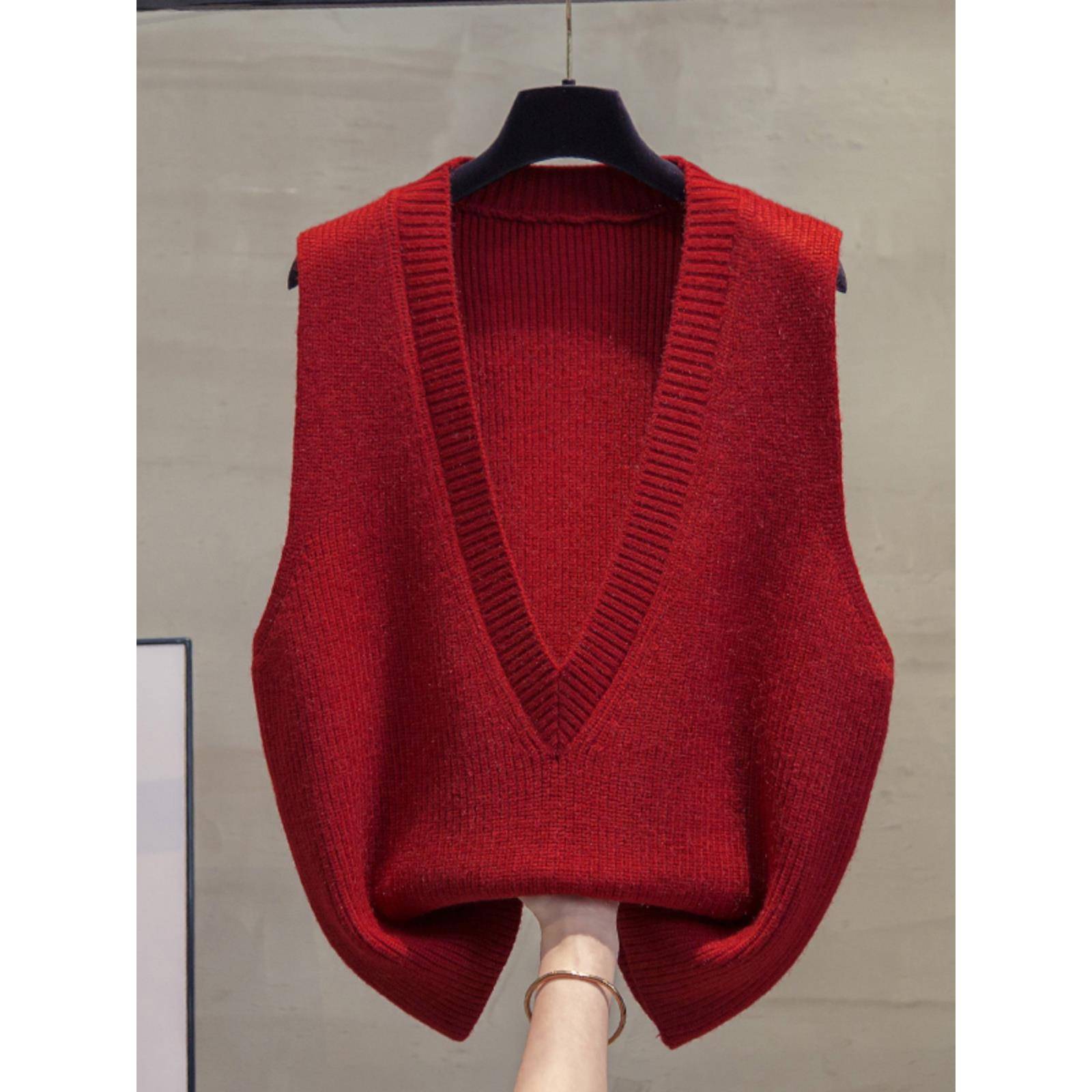 红色V领针织马甲背心女冬休闲百搭配衬衫的安哥拉红色马夹背1127w