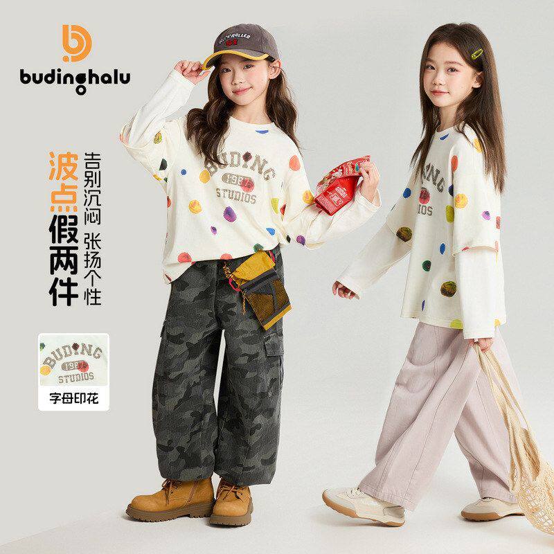 布丁哈鲁童装t恤2026春季新款彩色波点假两件女童长袖t恤儿童春款