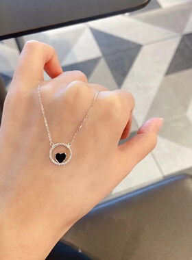 大漂亮香港正生银饰黑色小爱心圆环项链女925纯银简约轻奢锁骨链