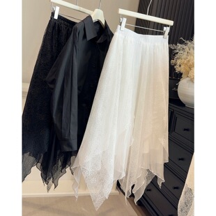 不规则裁片蕾丝拼接蓬蓬半身裙女2026春新款高腰A字宽松大摆伞裙