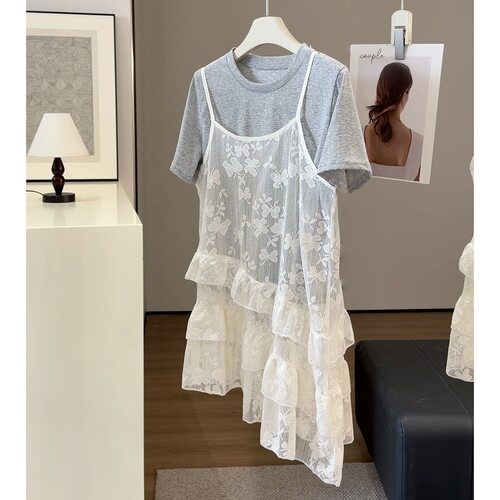 韩系叠穿短袖T恤套装女2026夏新款蕾丝吊带裙宽松显瘦减龄两件套