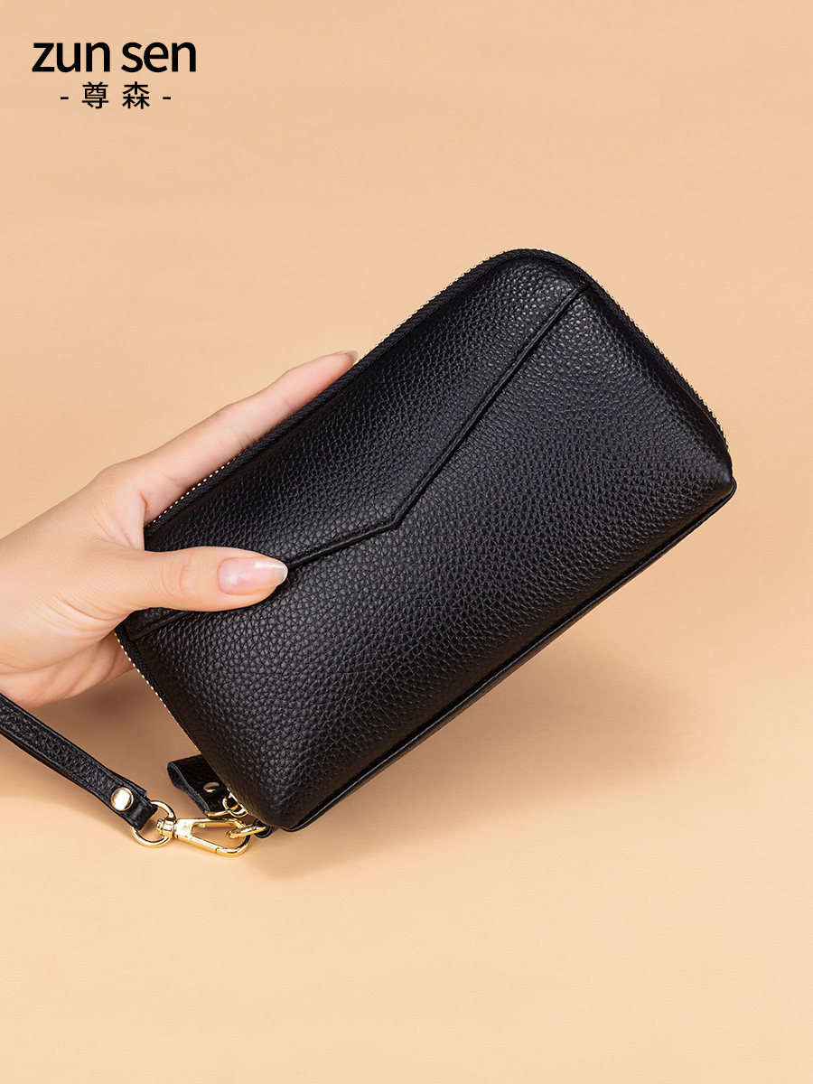 Qadın üçün təbii dəri uzun pulqabı və clutch, geniş bölməli