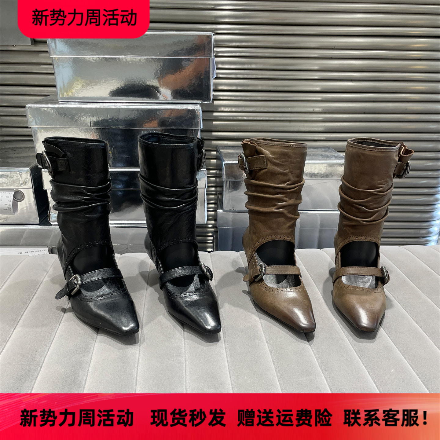 乐魔秋款真皮浅口高跟中筒靴女