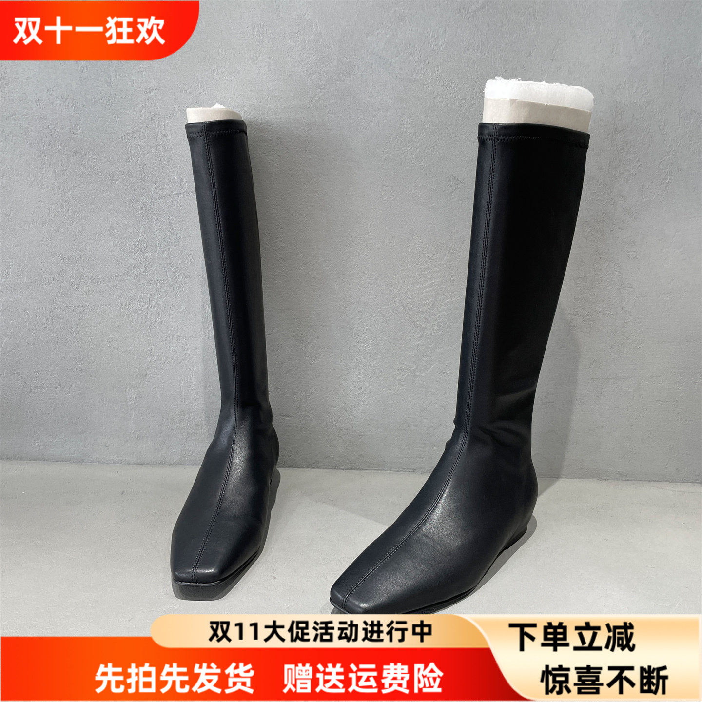 欧洲站真皮时尚方头弹力高筒靴女