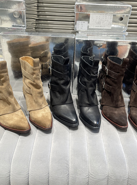 LEMO欧洲站2025秋季新品磨砂真皮女鞋时尚百搭尖头粗高跟时装短靴