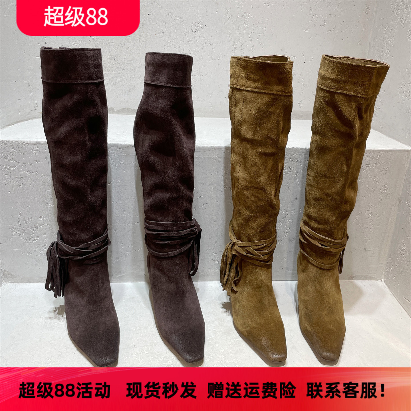 乐魔秋款磨砂真皮尖头高跟高筒靴