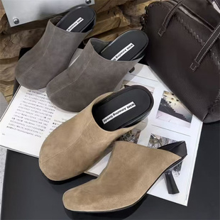 WM欧洲站2026春款新品真皮女鞋百搭时尚磨砂皮包头法式细高跟拖鞋