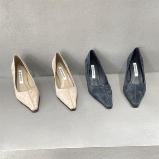 欧洲站2026春款真皮女鞋百搭新品纯色法式磨砂皮尖头浅口高跟单鞋