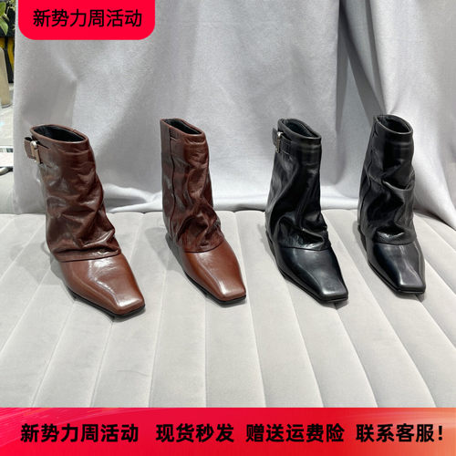 乐魔秋款真皮内增高短靴女