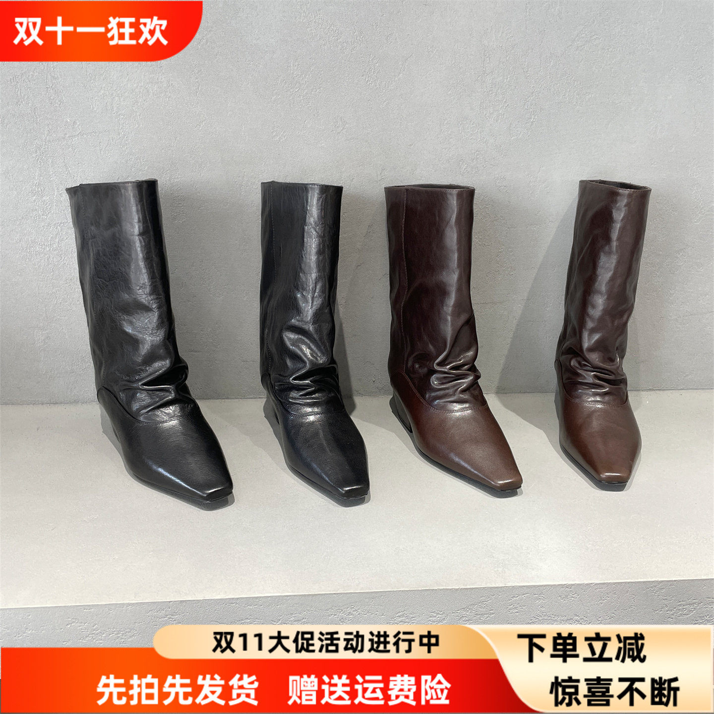 欧洲站真皮女鞋2026年秋季时尚舒适蜜蜡牛皮方头中跟套脚中筒靴潮