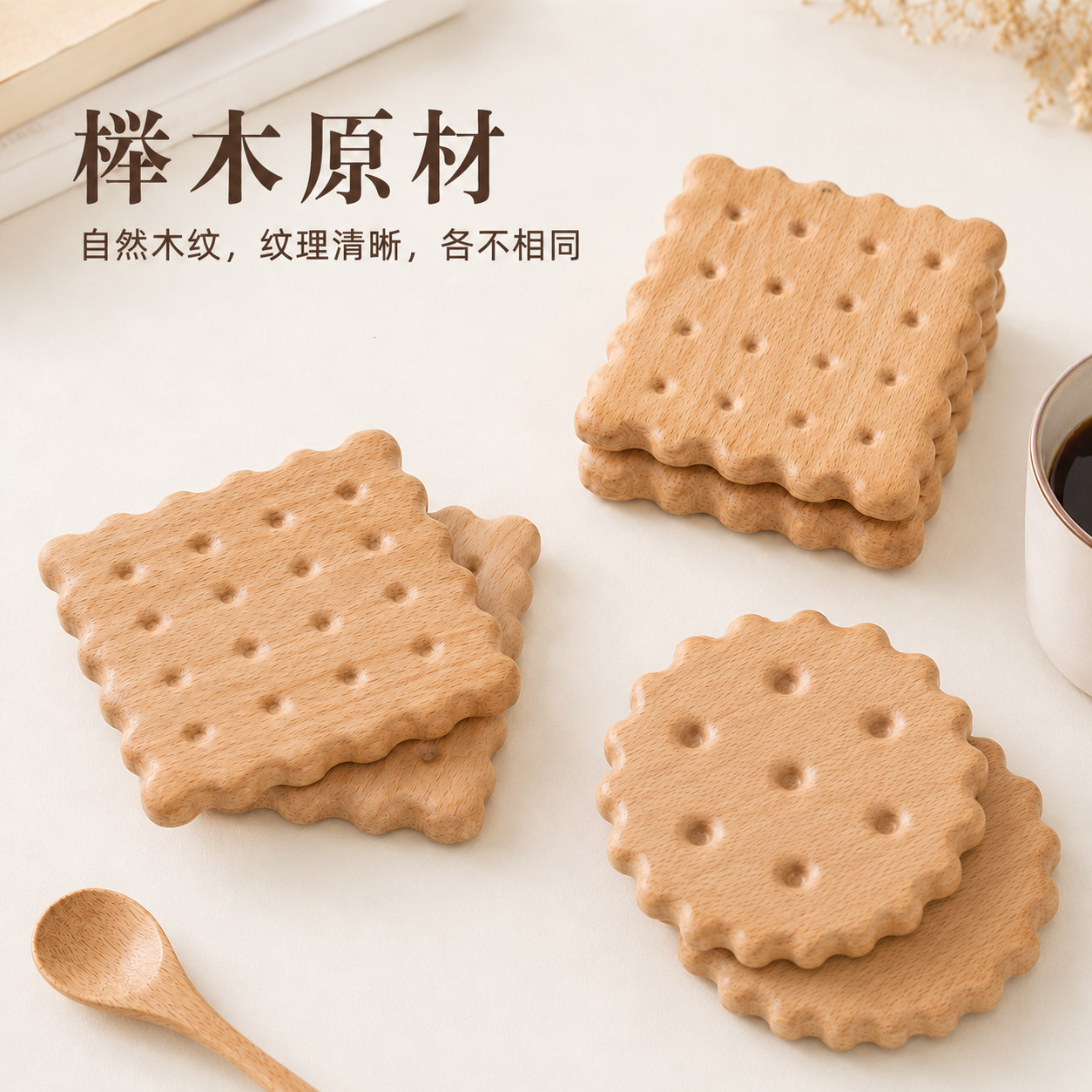 MIGAKU HOME榉木饼干杯垫创意ins风隔热垫日式木质咖啡杯防烫垫