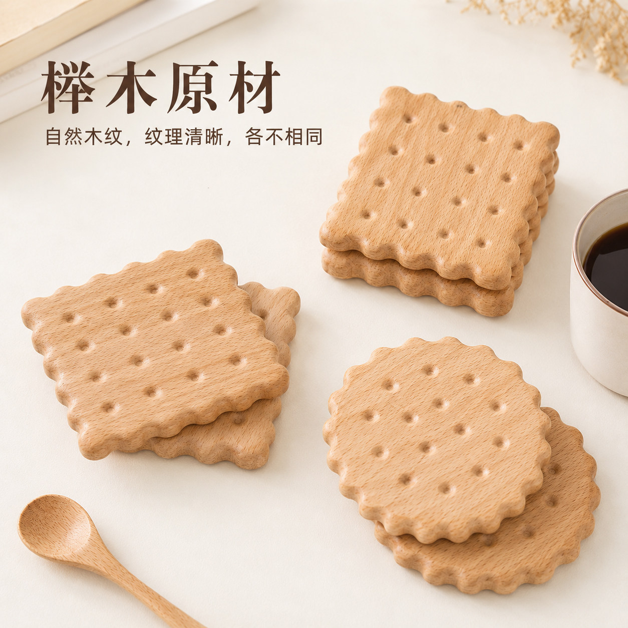 MIGAKU HOME榉木饼干杯垫创意ins风隔热垫日式木质咖啡杯防烫垫