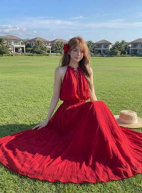 法式度假风红色挂脖长裙女夏海边沙滩显瘦飘逸连衣裙及踝长裙
