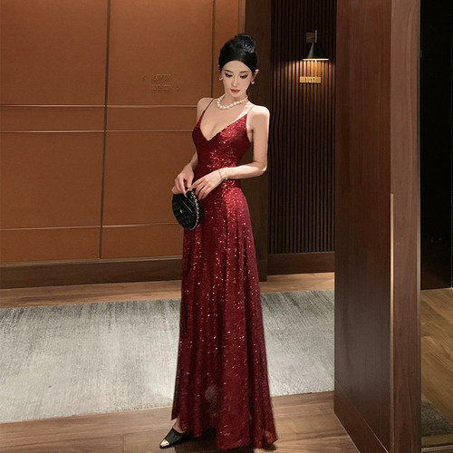 实拍安可拉红珠片礼服闺蜜生日宴会拍照年会礼服裙敬酒服长裙
