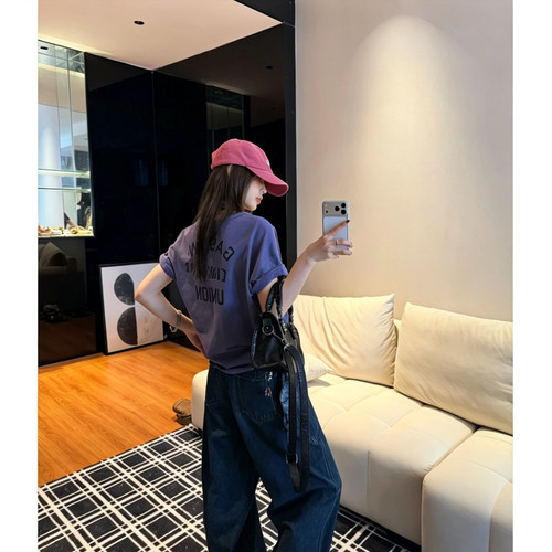 定义风格夏季新款美式复古宽松显瘦圆领短袖T恤女ZYT9548