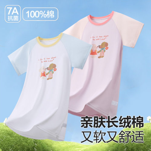 女童睡裙纯棉a类夏季薄款透气短袖睡衣裙儿童卡通甜美居家连衣裙