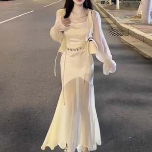 夏季 法式 纯欲甜美荷叶边高级感缎面鱼尾包臀长裙防晒开衫 两件套装