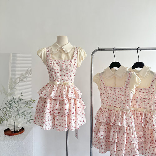 PUFFFOREVER“草莓奶酥”法式波点拼接公主假两件衬衫蛋糕连衣裙