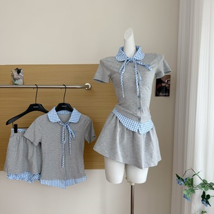 BZXO刺绣格子拼接假两件polo领短袖t恤女夏季新款百搭短款上衣服