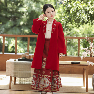 马面裙外套女童汉服秋冬新中式毛呢大衣儿童中国风长袖古装套装秋