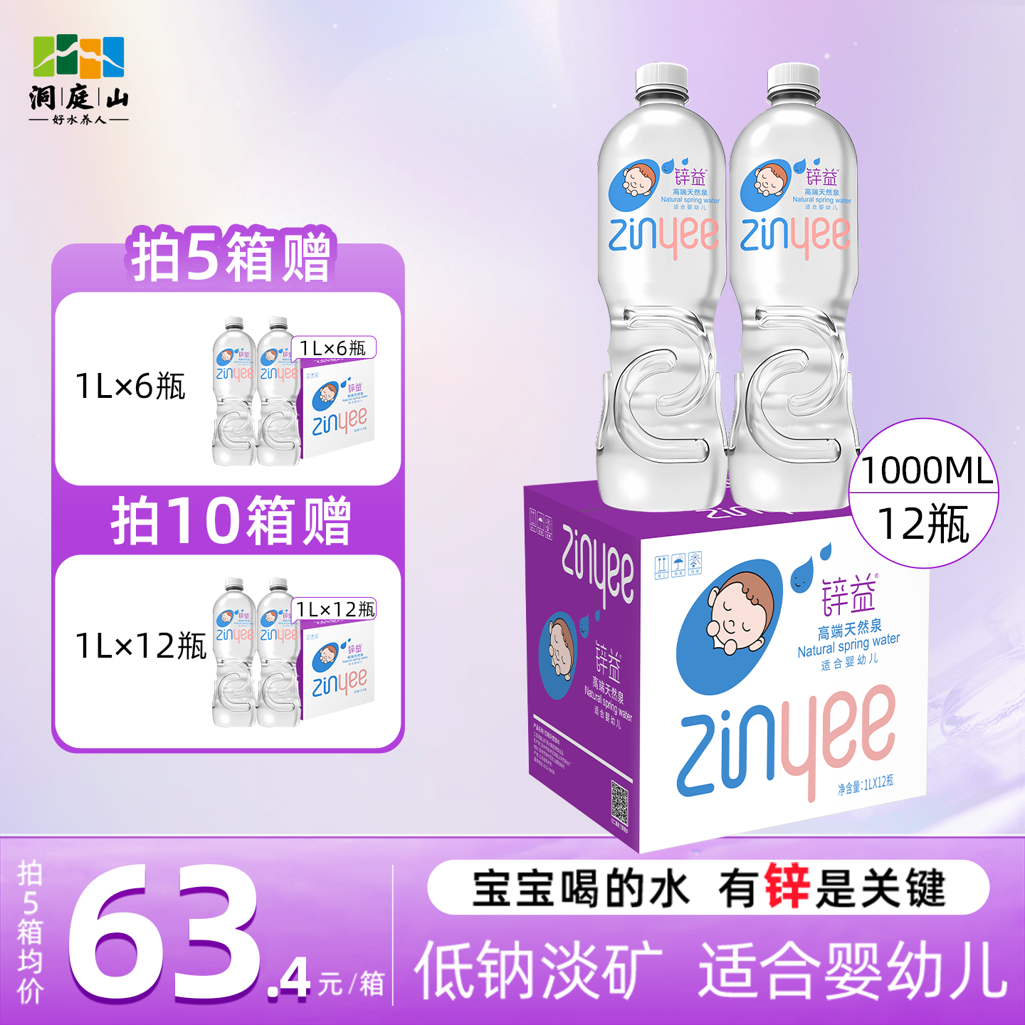 洞庭山锌益天然含锌母婴水1L*12瓶 婴幼儿泡奶低钠淡矿宝宝饮用水