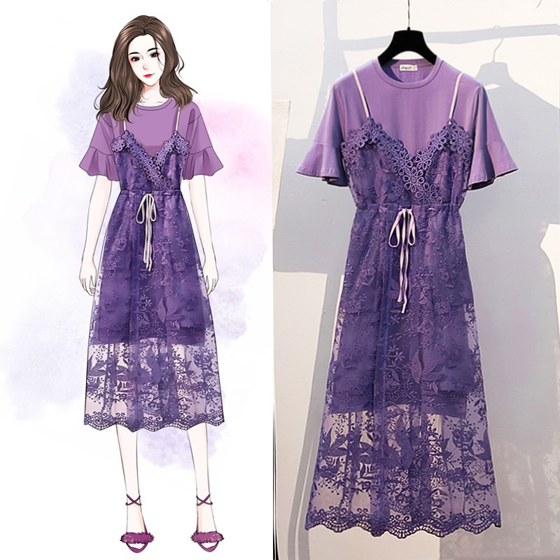 大码女装2019夏季新款洋气减龄套装微胖妹妹显瘦遮肚连衣裙两件夏在类目 女装/女士精品, 大码女装中 - 来自Buy2taobao.com提供专业的淘宝代购服务