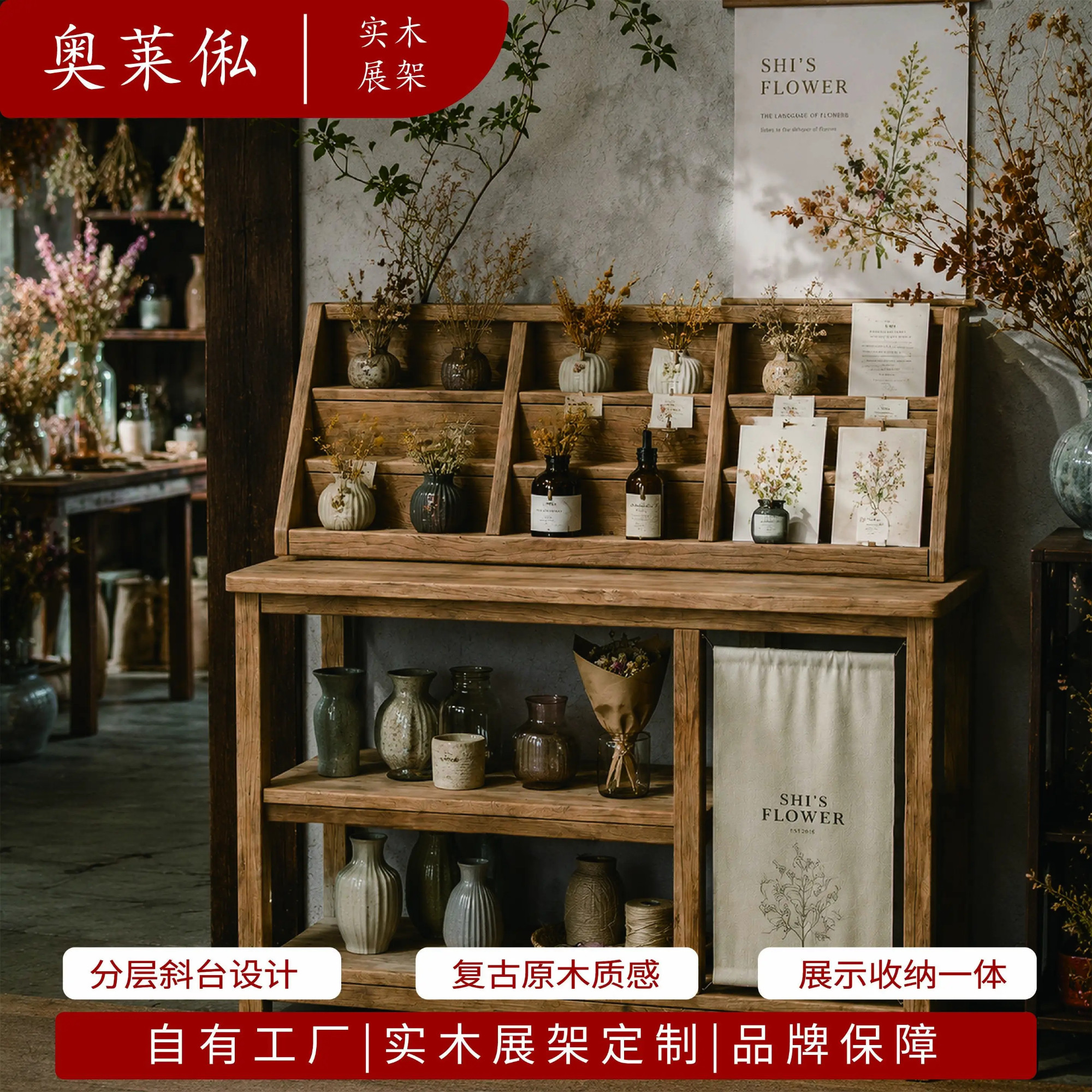 复古实木展示架多层收纳置物架陈列架储物架榆木架书店文创店景区
