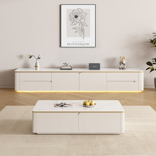 全实木岩板落地电视柜茶几组合现代简约小户型家用客厅高级感轻奢