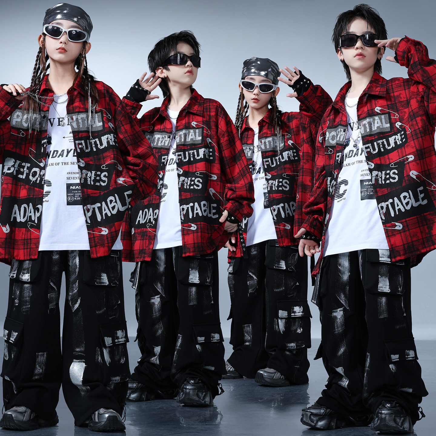 儿童街舞潮服男童痞帅个性衬衫学生架子鼓表演服女童爵士舞演出服